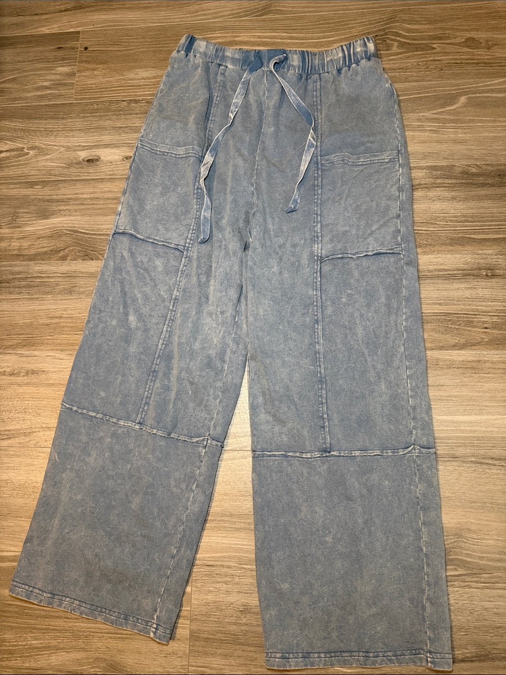 Washed Blue Wide Leg Drawstring Pants